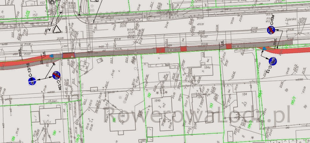 Dopiero na projekcie wykonawczym widać, co zaplanowano! Znaki jasno pokazują, gdzie zaplanowano zakończenie drogi dla rowerów. Widać też, jaka będzie nawierzchnia - kolorem czerwonym jest oznaczony asfalt.